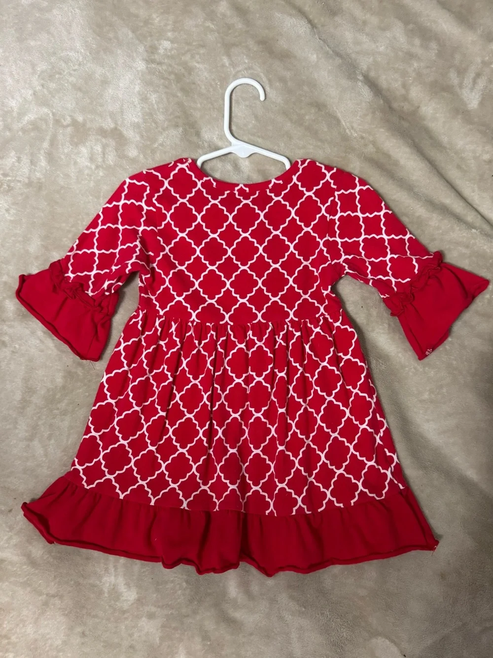 Girls Red Patterned Ruffle Hem Dress
